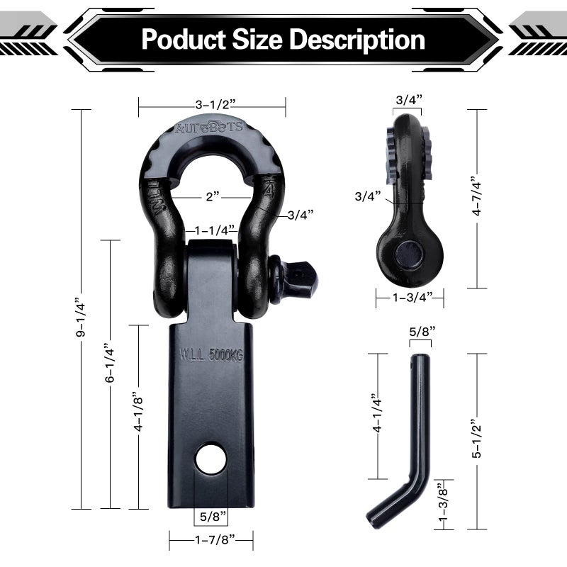 AUTOBOTS Shackle Hitch Receiver 2", 45,000 Lbs Break Strength Heavy Duty Receiver with 5/8" Screw Pin, 3/4" D Ring Shackles, Towing Accessories for Vehicle Recovery Off-Road, Black&Black - Image 3